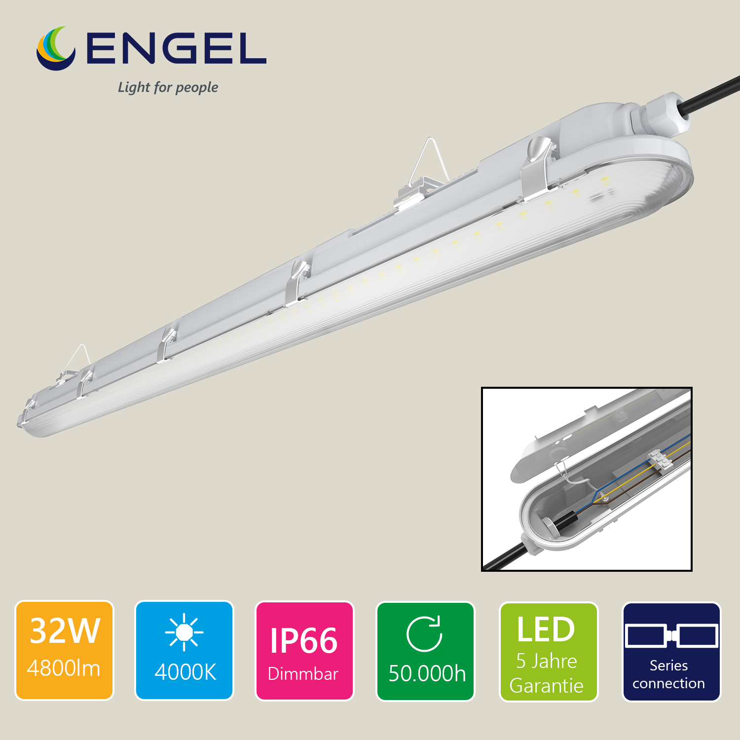 Engel Quinton LED Feuchtraumleuchte 60-150cm IP66 Effizient, Gleichmäßiges Licht mit 5 Jahren Garantie