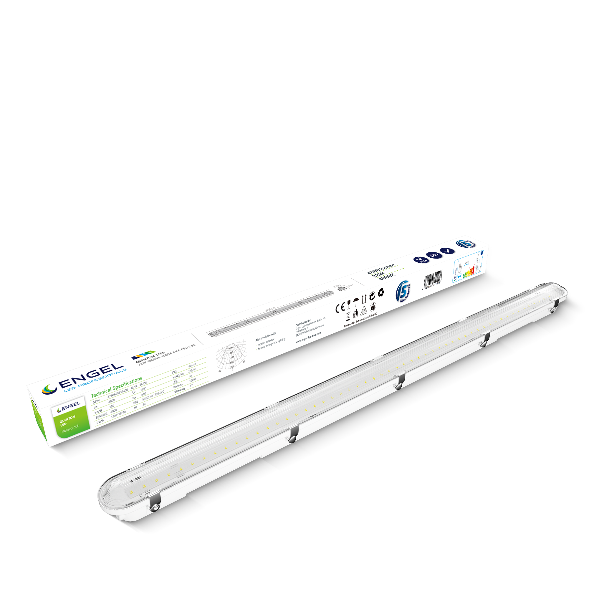 Engel Quinton LED Feuchtraumleuchte 60-150cm IP66 Effizient, Gleichmäßiges Licht mit 5 Jahren Garantie