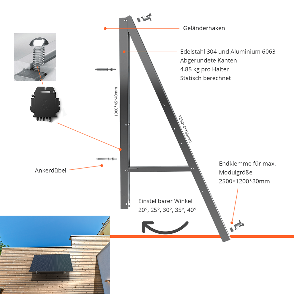 1 x Halterung-Set für ein Solarpanel mit Aufständerung bis 40° für Fassade/Wand (Variante B)