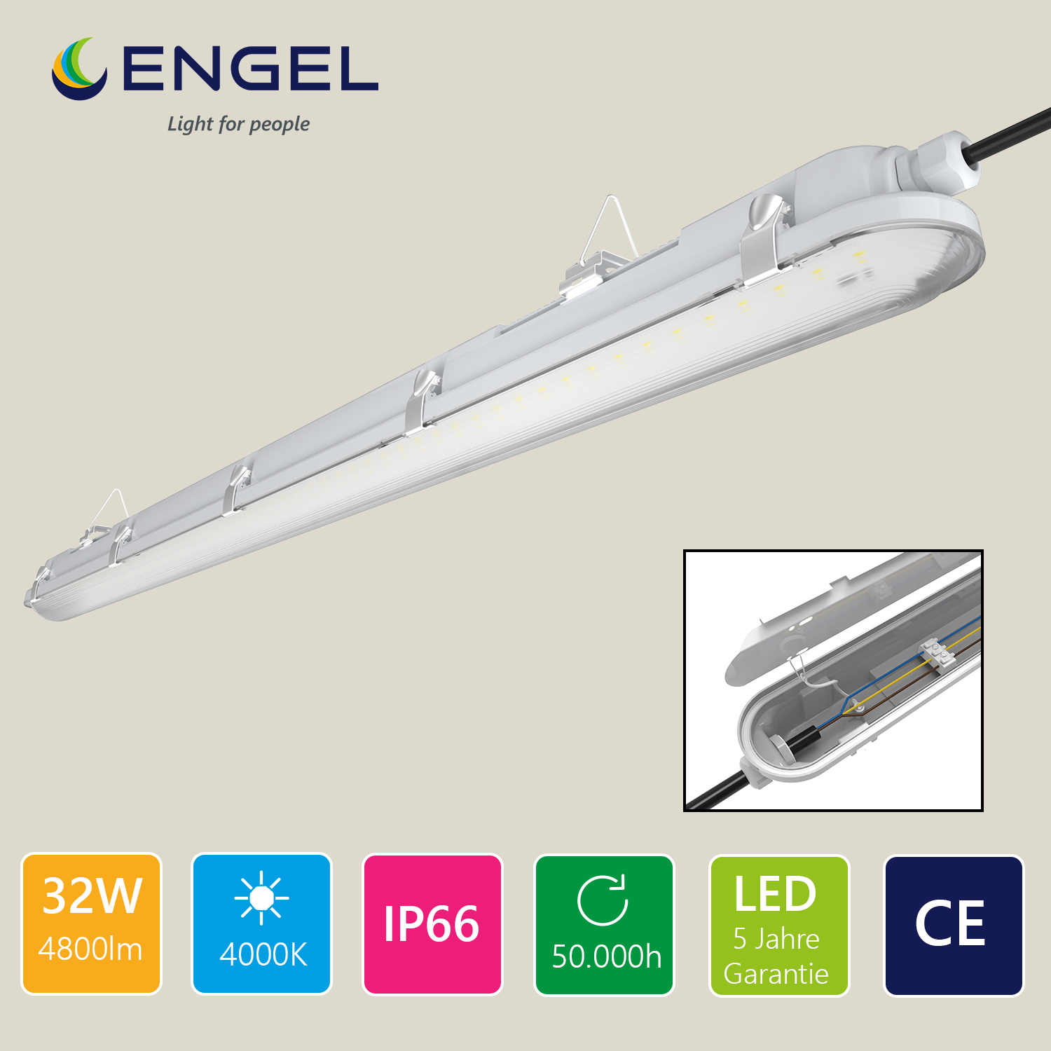 Engel LED Feuchtraumleuchte 60-150cm IP66 Effizient, Gleichmäßiges Licht mit 5 Jahren Garantie